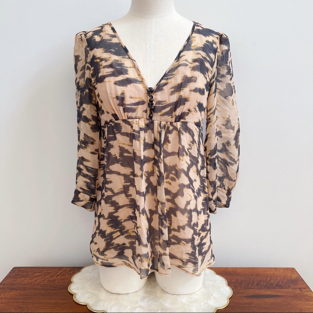 Tracy Reese Silk Peach Black 3/4 Puff Sleeve Top S